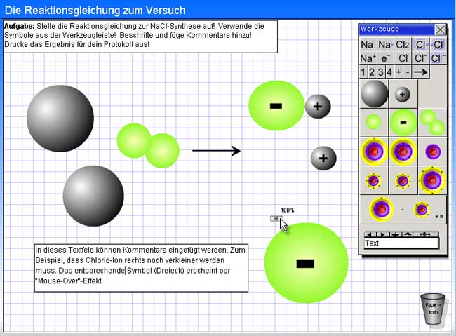 Screenshot der Arbeitfläche mit einer Darstellung der NaCl-Synthese im Kugelmodell