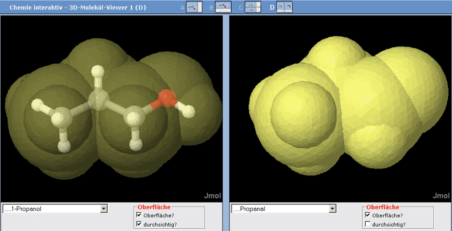 Darstellung von 1-Propanol (Oberfläche mit durchscheinendem Kugelstäbchen-Modell) und Propanal (Oberfläche) in zwei nebeneinander liegenden Fenstern.