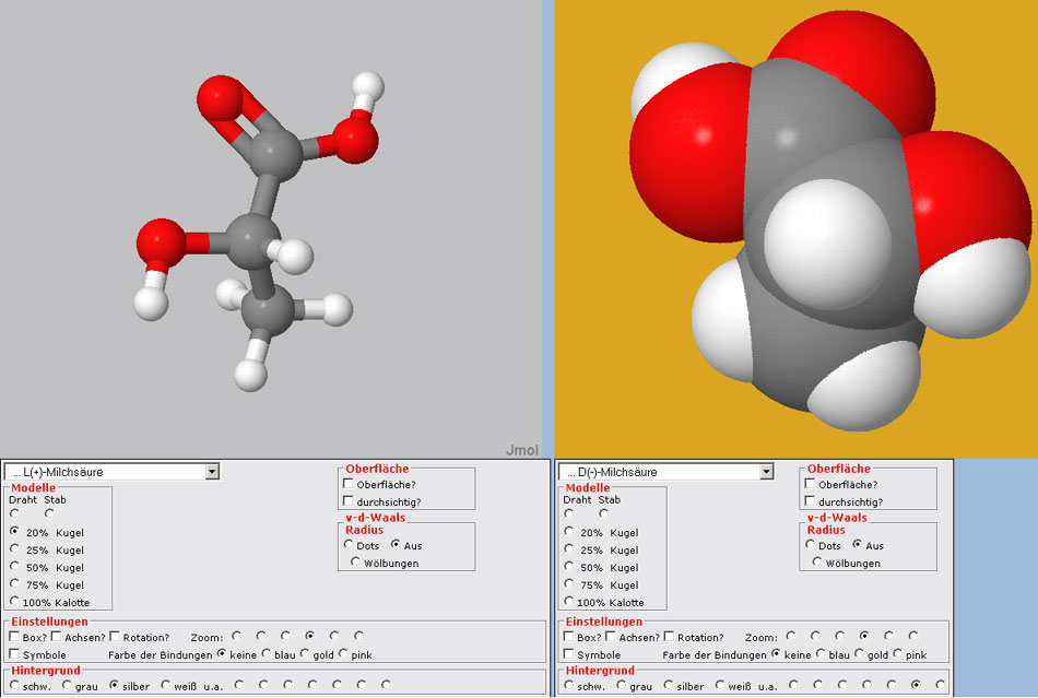 Darstellung der L- Milchsäure (Kugelstäbchen-Modell) und der D-Milchsäure ("75 Prozent Kalotten-Modell") in zwei nebeneinander liegenden Fenstern.