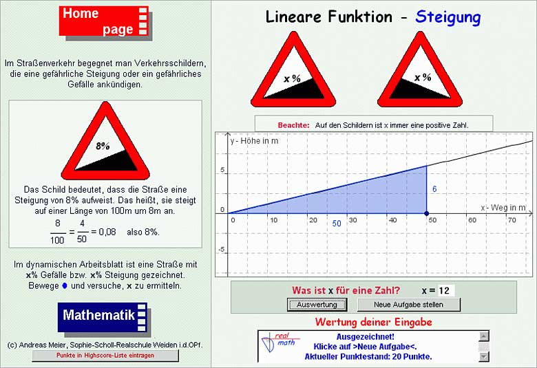 Screenshot von Online-Arbeitsblatt 1: Geogebra-Applet und Verkehrsschilder (Steigungen und Gefälle)