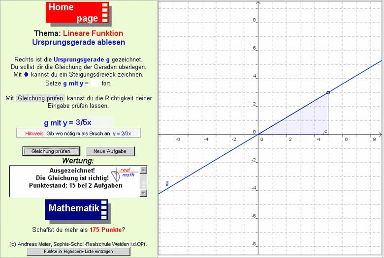 Screenshot von Online-Arbeitsblatt 4: Übung zum Ablesen der Ursprungsgeraden