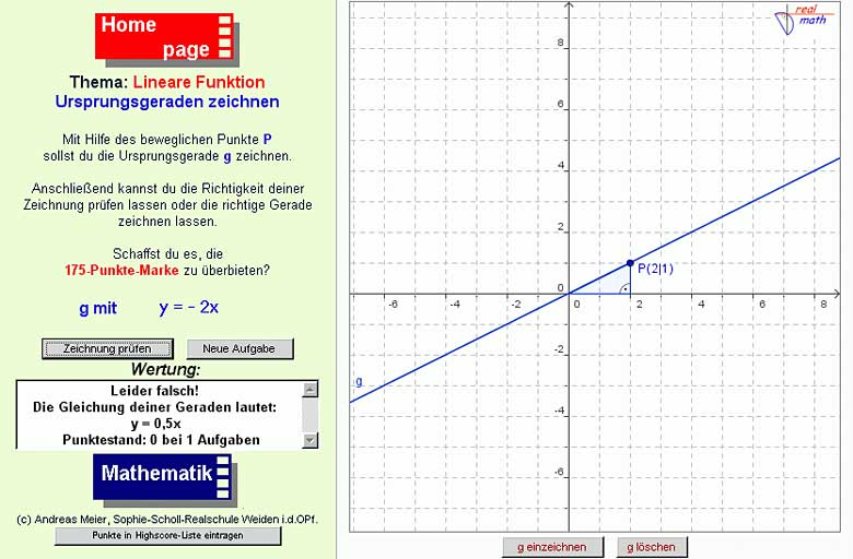 Screenshot von Online-Arbeitsblatt 5: Übum zum Zeichnen von Ursprungsgeraden