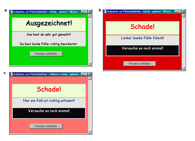 Rückmeldungen der dynamischen Arbeitsblätter auf die Schülereingaben (Screenshots)