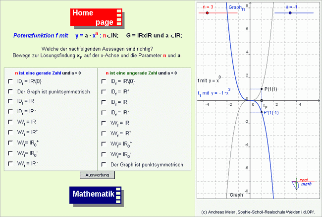 Screenshot eines Online-Arbeitsblatts zum Thema Potenzfunktion mit GeoGebra-Applet