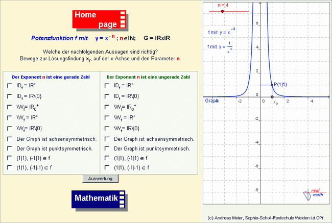 Screenshot eines Online-Arbeitsblatts zum Thema Potenzfunktion mit GeoGebra-Applet