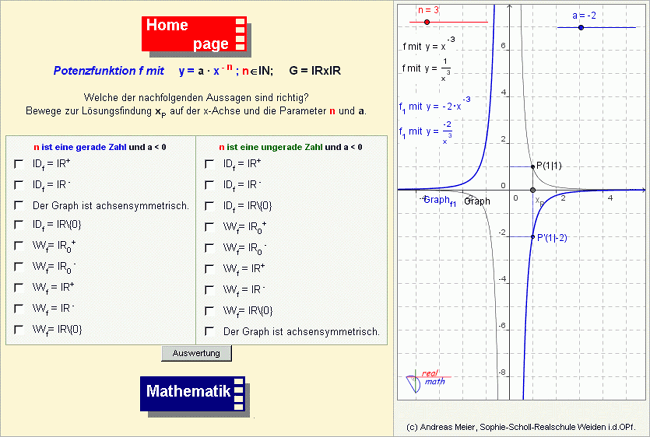 Screenshot eines Online-Arbeitsblatts zum Thema Potenzfunktion mit GeoGebra-Applet