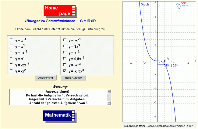 Screenshot eines Online-Arbeitsblatts zum Thema Potenzfunktion mit GeoGebra-Applet