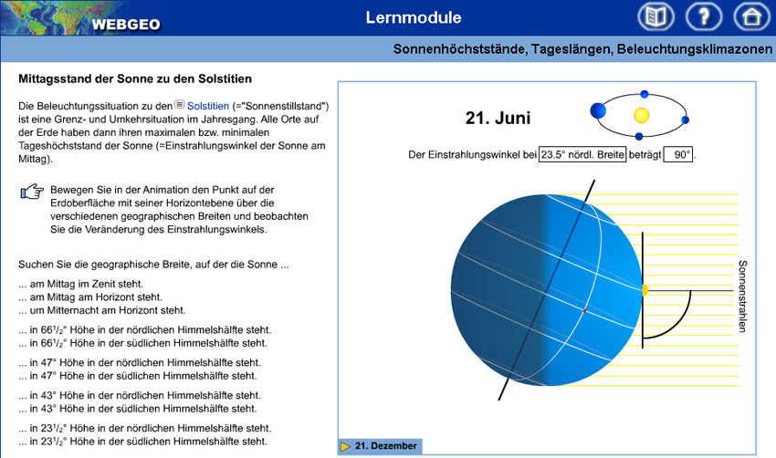 WEBGEO-Modul "Mittagsstand der Sonne zu den Solstitien" (Screenshot)