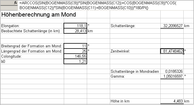 Screenshot der Excel-Datei zur Berechnung der Höhe von Mondbergen