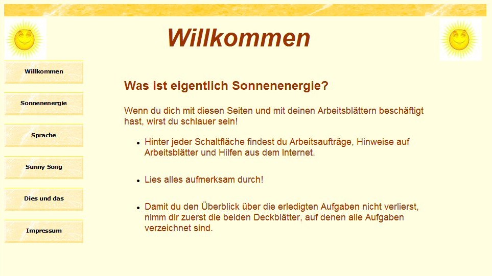 Startseite der Lernumgebung "Sonnenenergie"