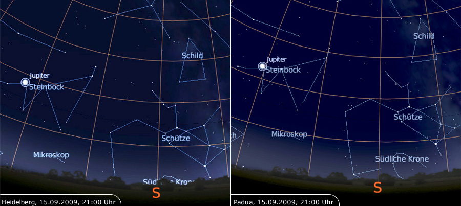 Positionen von Jupiter am Himmel über Heidelberg und Padua am 15. September 2009 (Stellarium-Screenshots)