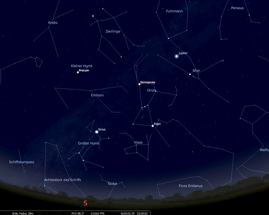 Südlicher Himmel über Padua im Januar 1620, erstellt mit Stellarium