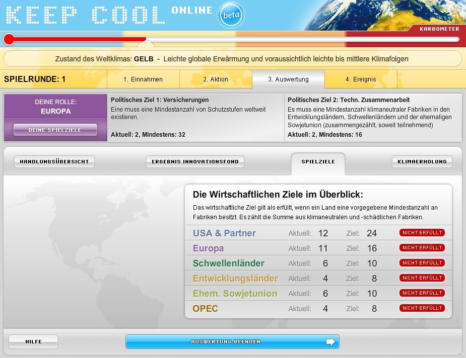 Keep Cool Online - jede Ländergruppe hat ihre eigenen Spielziele