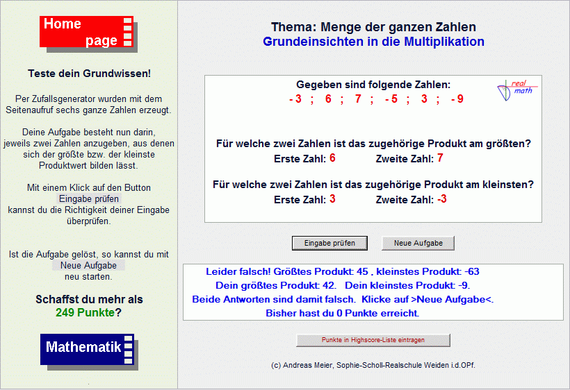 Screenshot zum Thema "Multiplikation ganzer Zahlen" aus der Lernumgebung realmath.de