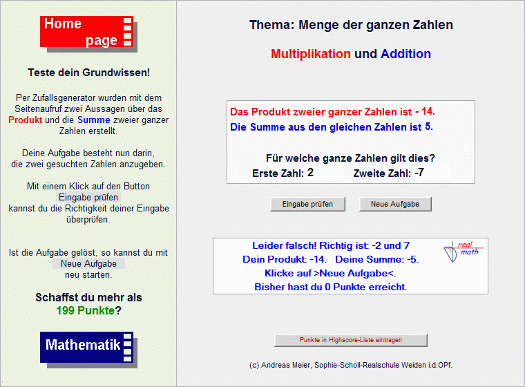 Screenshot zum Thema "Multiplikation und Addition ganzer Zahlen" aus der Lernumgebung realmath.de