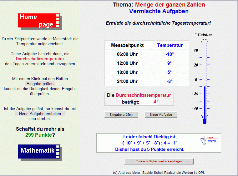 Screenshot mit Aufgaben zur Durchschnittstemperatur aus der Lernumgebung realmath.de