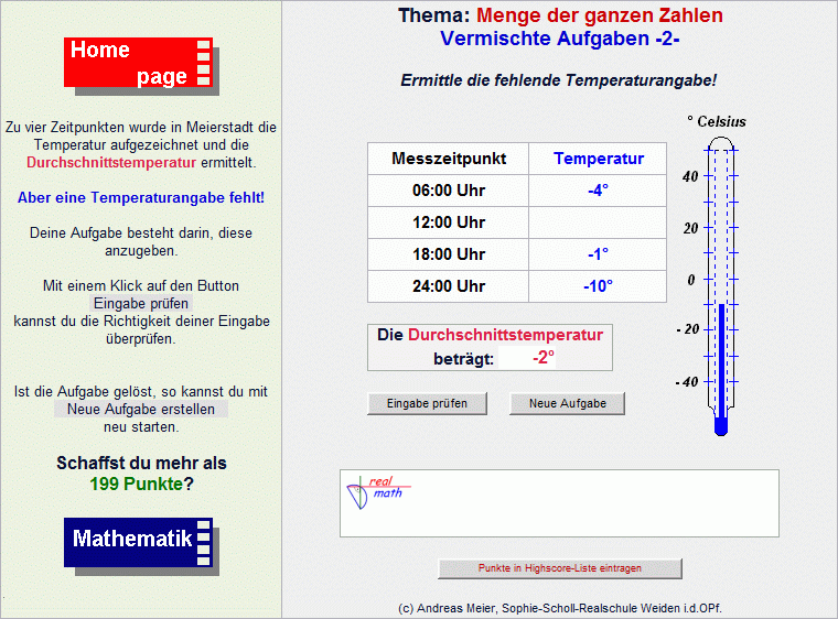 Screenshot mit Aufgaben zur Durchschnittstemperatur aus der Lernumgebung realmath.de