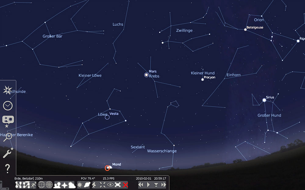 Stellarium-Screenshot von zum Auffinden von Mars am 1. Februar 2010 um 21:00 Uhr