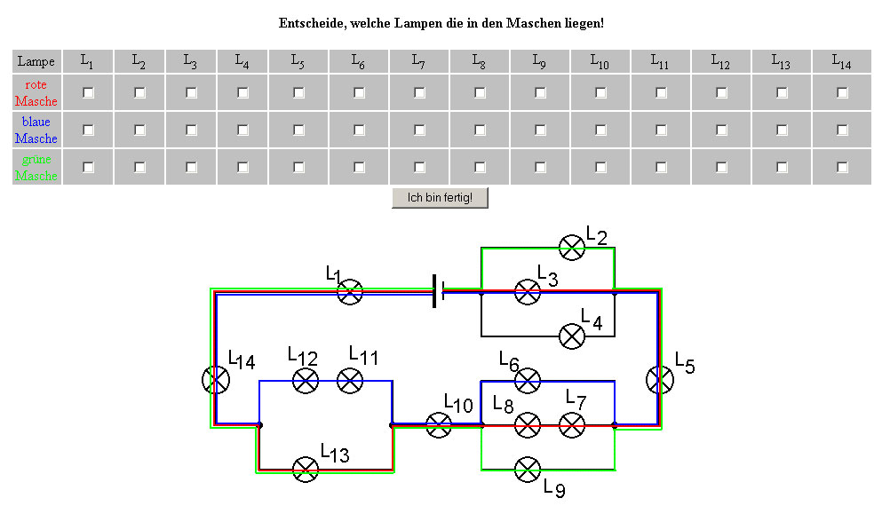 Interaktive Übung zur Maschenregel, Screenshot aus dem Online-Selbstlernkurs "Die strömende Elektrizität" von Jens Tiburski