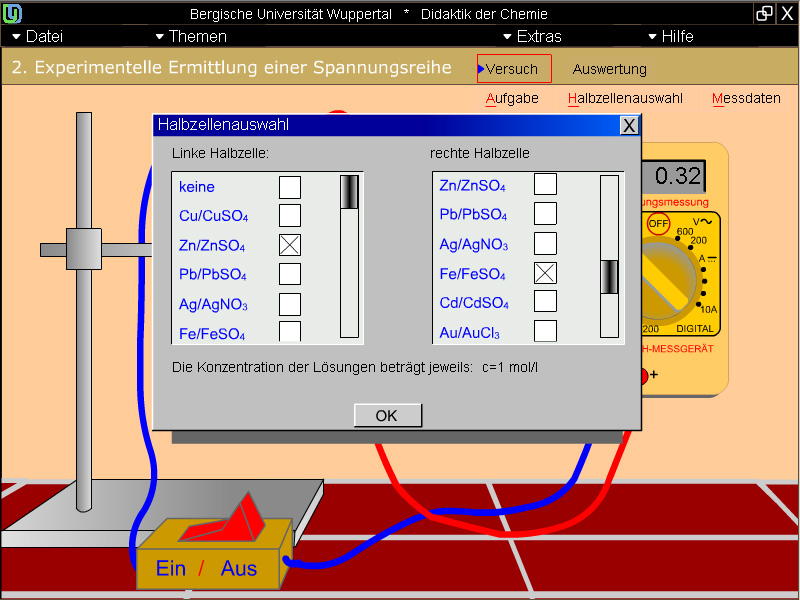 Kombination der Halbzellen - Auswahlmenü; Screenshot aus der Lernumgebung "Galvanische Zellen - experimentelle Ermittlung einer Spannungsreihe" von Ralf-Peter Schmitz