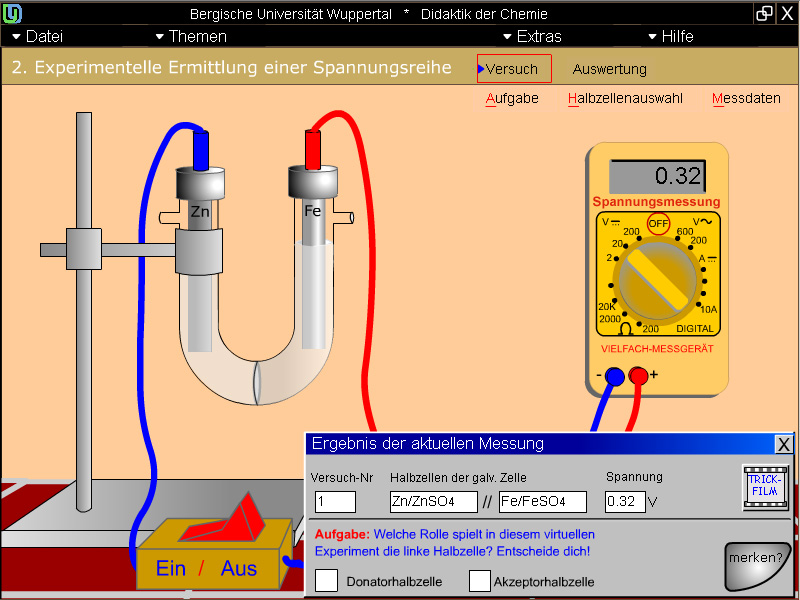 Spannungsmessung im Galvanischen Element; Screenshot aus der Lernumgebung "Galvanische Zellen - experimentelle Ermittlung einer Spannungsreihe" von Ralf-Peter Schmitz