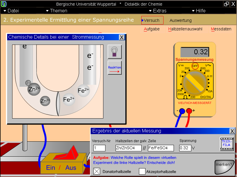 Oxidation und Reduktion - ein Trickfilm zeit die elektrochemischen Vorgänge an den Elektroden; Screenshot aus der Lernumgebung "Galvanische Zellen - experimentelle Ermittlung einer Spannungsreihe" von Ralf-Peter Schmitz
