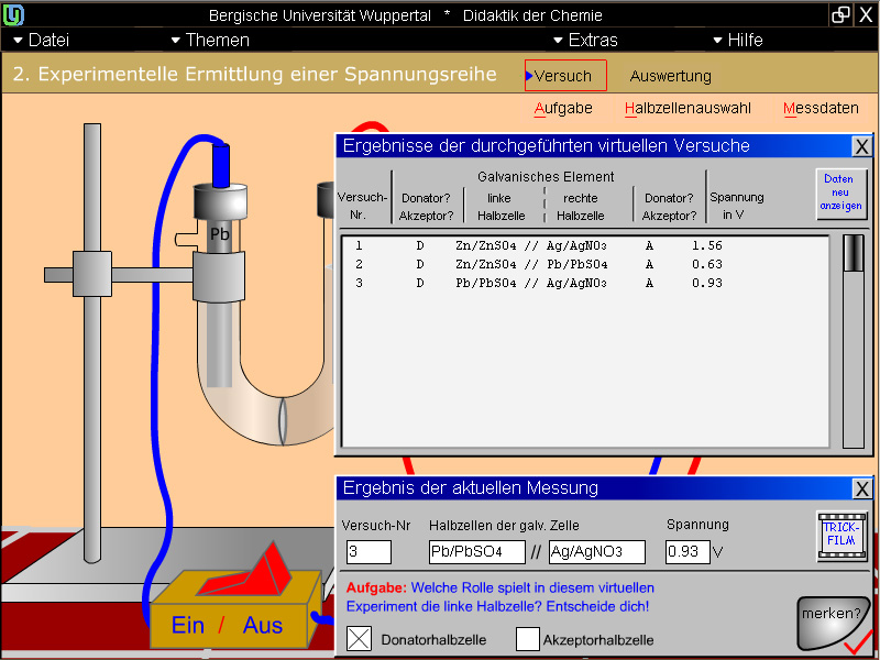 Messprotokoll; Screenshot aus der Lernumgebung "Galvanische Zellen - experimentelle Ermittlung einer Spannungsreihe" von Ralf-Peter Schmitz