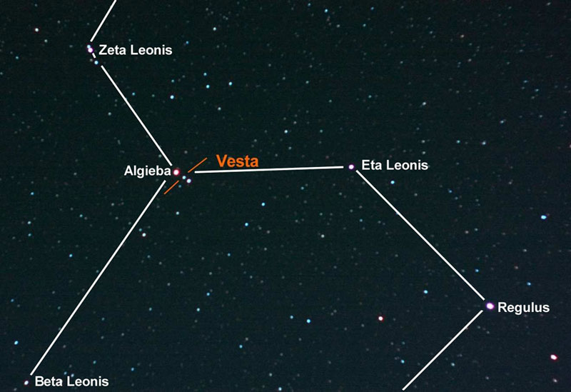 Ausschnitt aus dem Sternbild Löwe mit dem Kleinplaneten; Vesta am 16. Februar 2010 gegen 20:40 Uhr MEZ