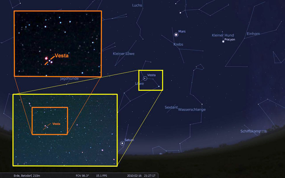 Himmelskarte mit Vesta am 16. Februar 2010 gegen 20:40 Uhr MEZ