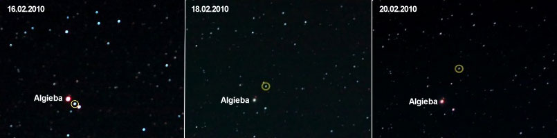 Vesta in der Nähe des Sterns Algieba im Sternbild Löwe von 16. bis zum 20. Februar 2010