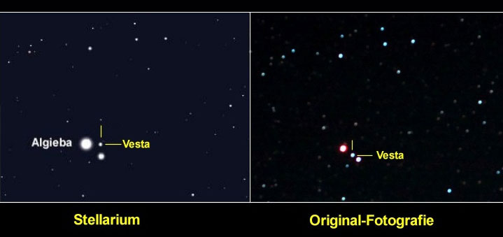 Die Position von Vesta am 16. Februar 2010 um 20:40h - Vergleich einer fotografischen Aufnahme mit der Vorhersage von Stellarium