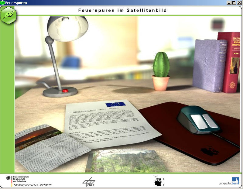 Startbildschirm des Computermoduls "Feuerspuren im Satellitenbild"