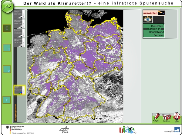 Satellitenbild, Screenshot aus der Lernumgebung "Der Wald als Klimaretter!?"