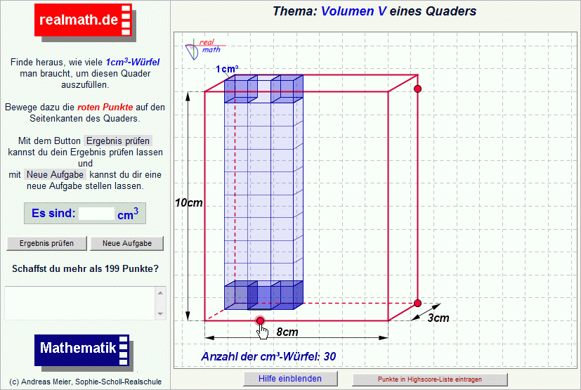 Quader - Screenshot des Online-Arbeitsblatts