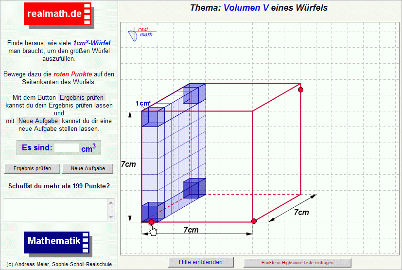 Würfel - Screenshot des Online-Arbeitsblatts