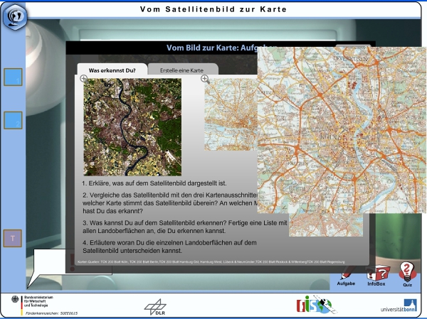 Satellitenbild; Screenshot aus der Lernumgebung "Vom Satellitenbild zur Karte" (Fernerkundung in Schulen)