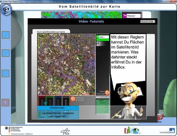 Video-Tutorial; Screenshot aus der Lernumgebung "Vom Satellitenbild zur Karte" (Fernerkundung in Schulen)