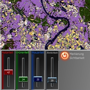 Schieberegler zur Markierung von Flächen; Screenshot aus der Lernumgebung "Vom Satellitenbild zur Karte" (Fernerkundung in Schulen)