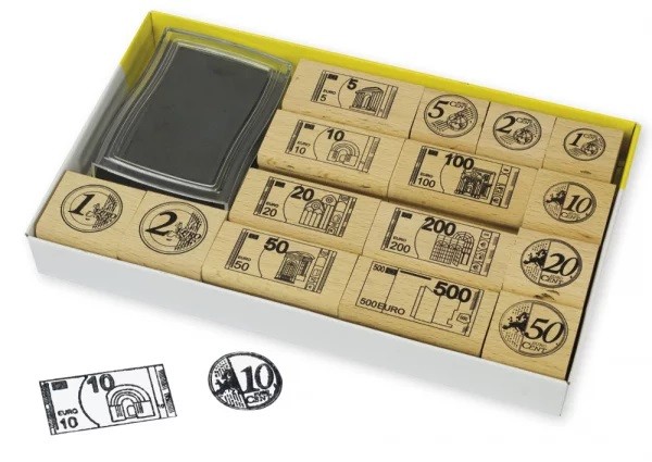 Set Währungs-Stempel EURO aus Holz mit Stempelkissen, 16-tlg.