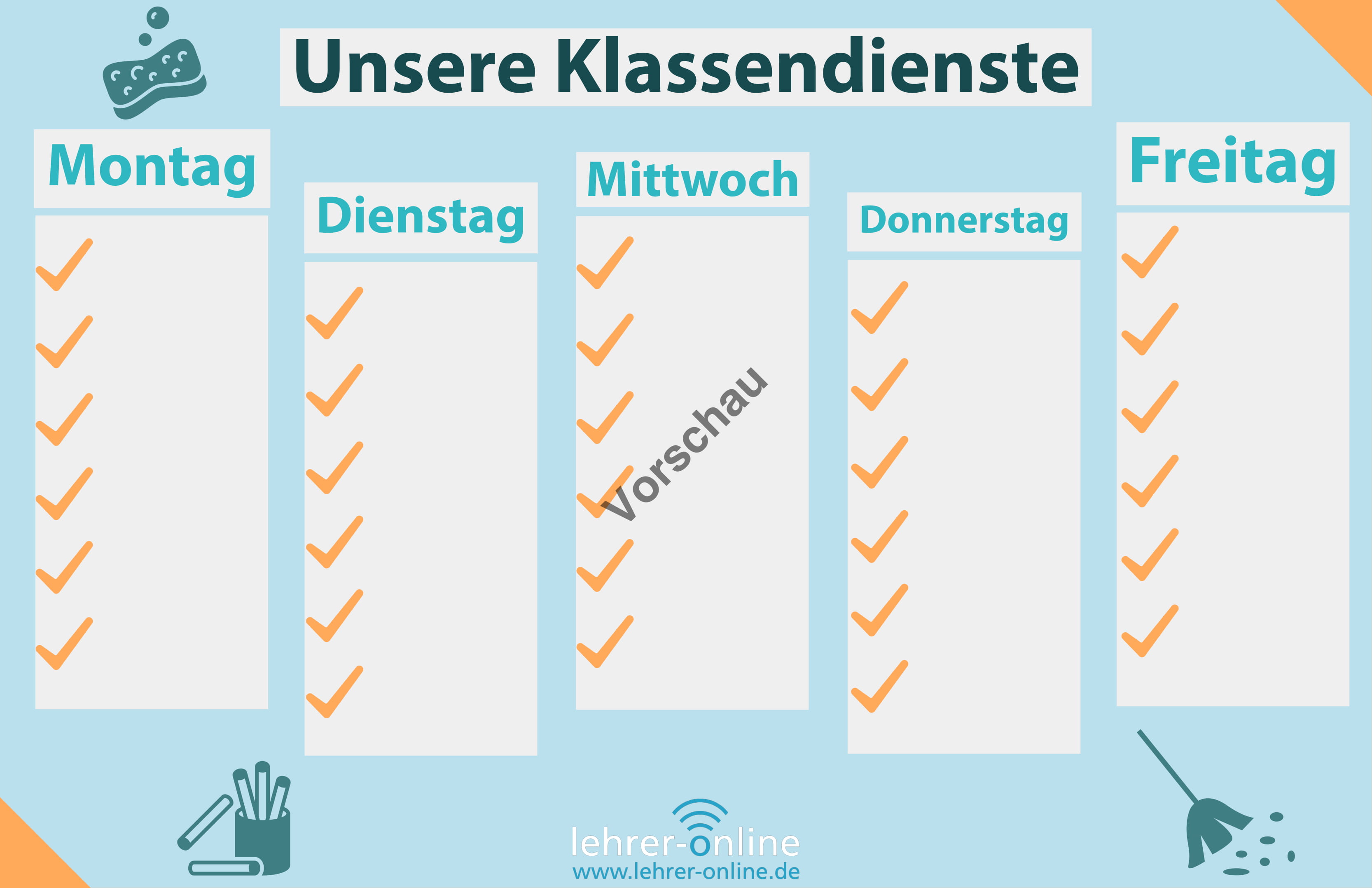 5 Poster: Wochenplaner für Klassendienste