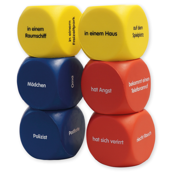 Set Flüster-Würfel 6-tlg. Deutsch "Geschichten-Einstieg", 4 cm