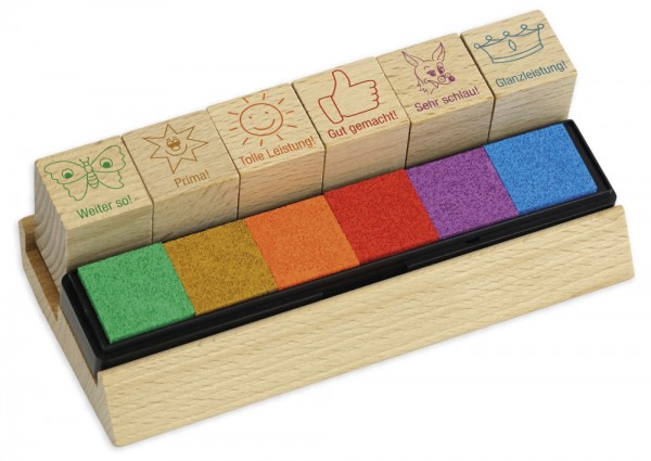 Set Holz Lehrer-Stempel 6-tlg. "Ansporn", versch. Farben
