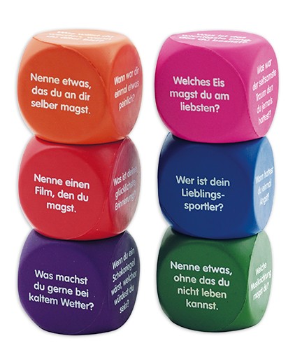 Set Flüster-Würfel 6-tlg. Deutsch "Fragen", 4 cm